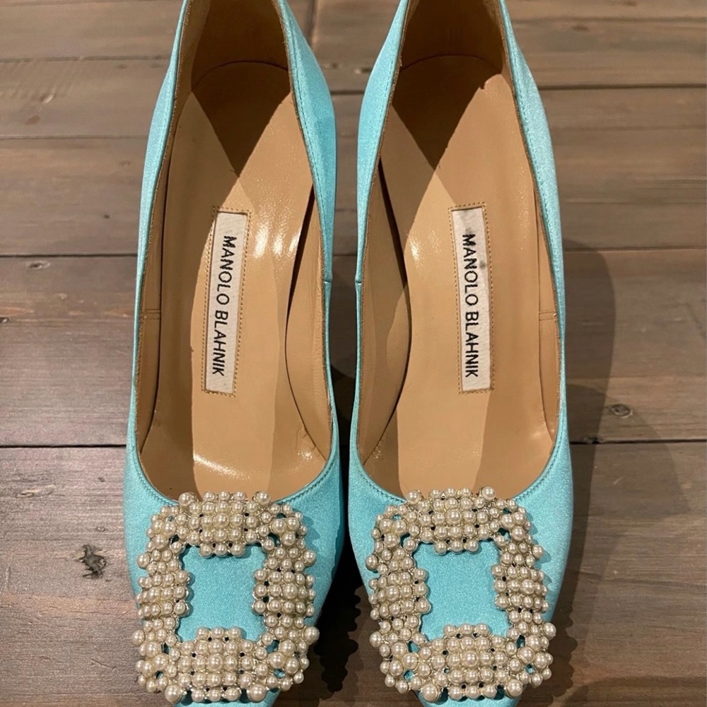Manolo Blahnik Turquoise Heels with Pearl Embellishment